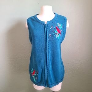 Blair Vintage 90s Blue Zip Up Sweater Vest Festive Red Cardinal & Holly Size M